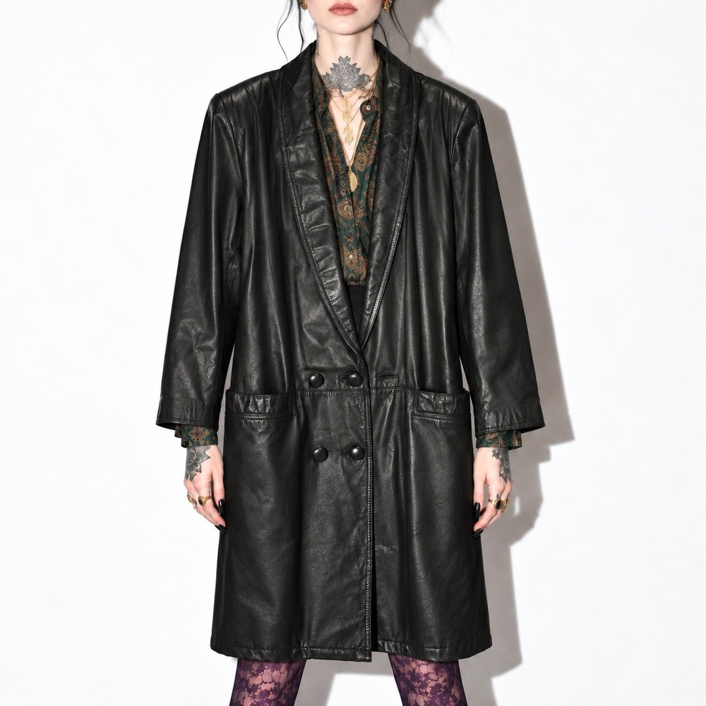 G III Leather Coat Womens M Black Double Breasted Long Vintage 90s Button Front